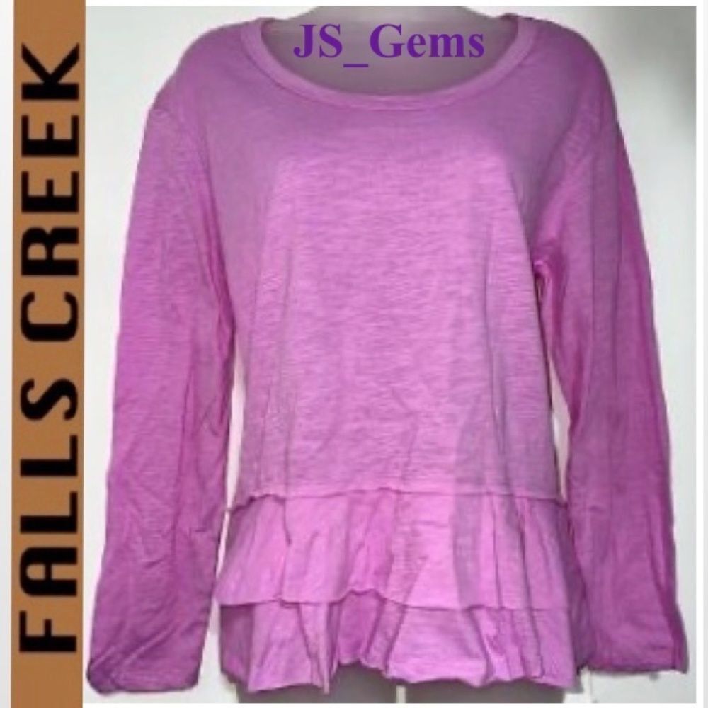 New Falls Creek Top Womens Medium Bright Pink Ruffle Hem Long Sleeve BLouse